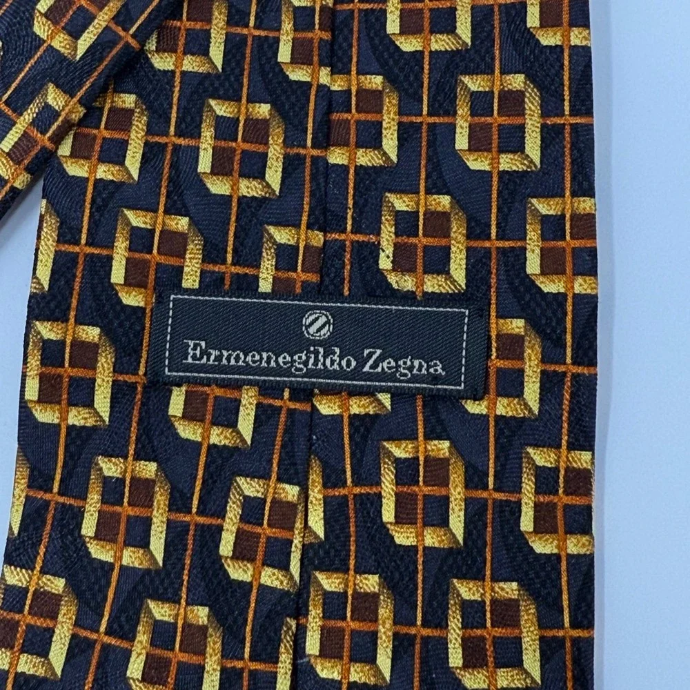 Ermenegildo Zegna Necktie Silk Black Gold‎ Geometric Box Pattern Men's